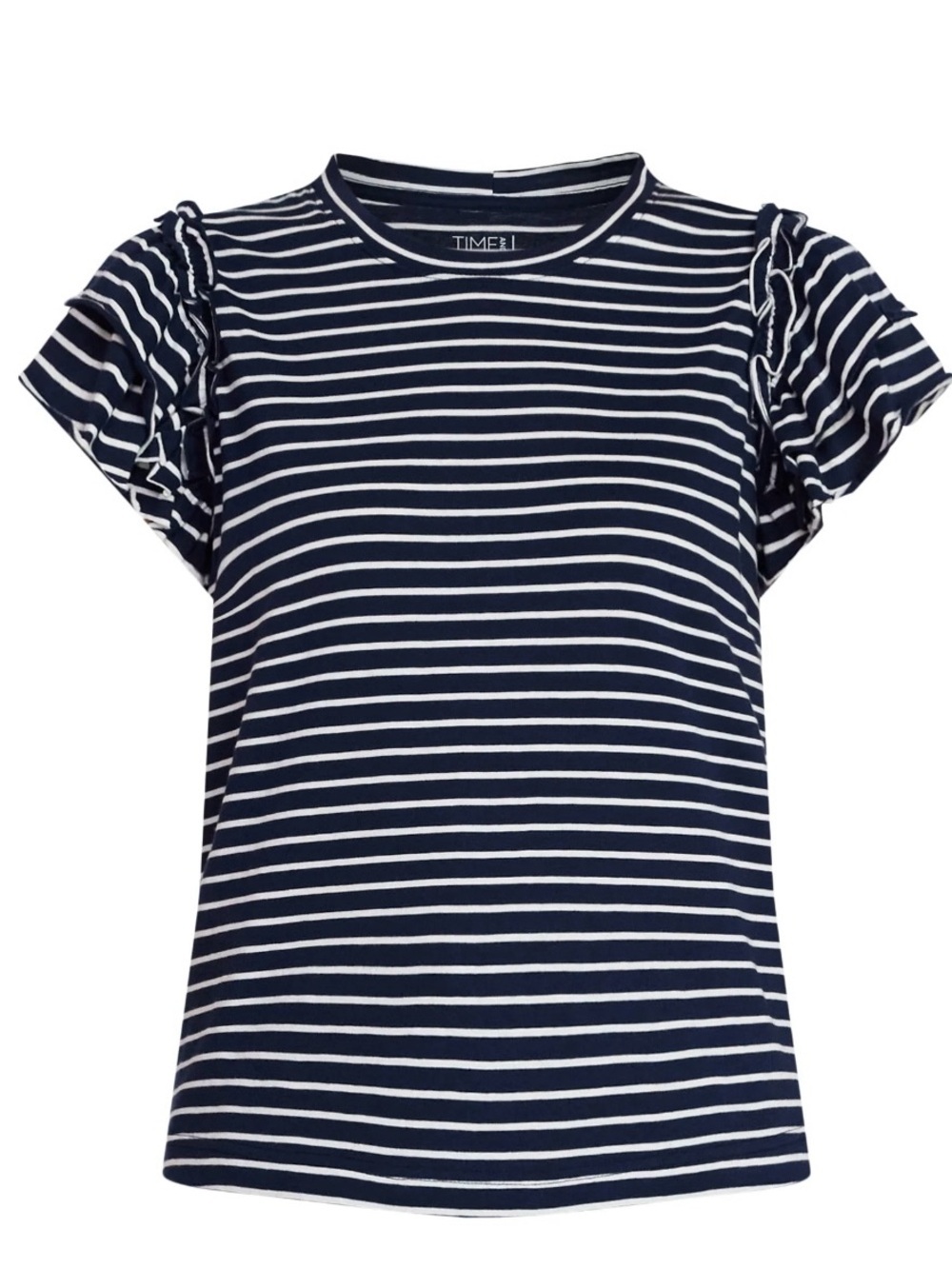 Time and Tru Women’s Cotton Crewneck Navy  & White Striped Ruffle Sleeve Tee